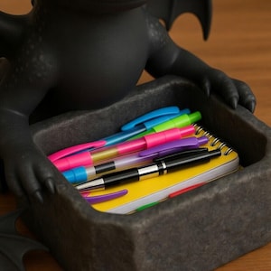 Puede incluir: Un organizador de escritorio negro con forma de drag&oacute;n contiene bol&iacute;grafos de colores y un bloc de notas amarillo. El organizador est&aacute; hecho de un material gris oscuro y se encuentra sobre una superficie de madera. Los bol&iacute;grafos son de varios colores, incluyendo rosa, azul, verde y morado.