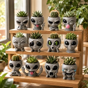 Puede incluir: Una colección de doce macetas grises con forma de alienígena dispuestas en un estante de madera de tres niveles. Cada maceta presenta una expresión facial única y contiene una pequeña planta suculenta o un cactus.