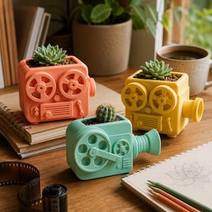 May include: Three planters shaped like vintage film cameras in coral, yellow, and mint green. The coral and yellow planters hold succulents, while the mint green planter holds a small cactus. Each planter features molded reel and lens details.