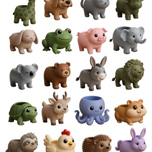 May include: A selection of animal-shaped planters in various colours. The planters include a giraffe, dog, cat, bull, bunny, frog, pig, elephant, koala, bear, donkey, lion, turtle, deer, octopus, hamster, sloth, chicken, hedgehog, and unicorn.