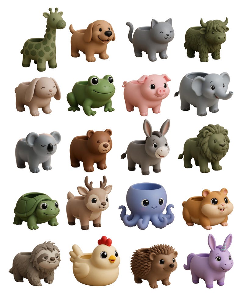 May include: A selection of animal-shaped planters in various colours. The planters include a giraffe, dog, cat, bull, bunny, frog, pig, elephant, koala, bear, donkey, lion, turtle, deer, octopus, hamster, sloth, chicken, hedgehog, and unicorn.