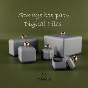 Pode incluir: Um conjunto de caixas de armazenamento cinzentas de vários tamanhos, cada uma com um botão esférico dourado na tampa. Uma caixa está aberta, revelando o seu interior. O texto "Storage box pack Digital Files" é exibido em branco. Em fundo verde.