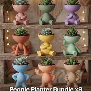 May include: A collection of nine colorful, anthropomorphic planters, each holding a succulent plant. The planters are in various poses and colors, including pink, green, purple, orange, yellow, blue, and beige. The text "People Planter Bundle x9" and "Cute Character Collection" is visible.