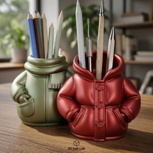 May include: Two quirky desk tidies in the shape of winter coats. One is metallic green, the other a glossy red. The green coat holds pencils, while the red one contains pens and styluses. Both have button details and pocket designs.