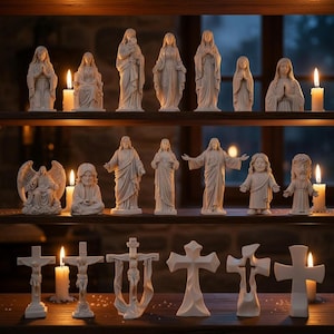 May include: A display of religious figurines and crosses. The figurines depict religious figures in various poses, and the crosses are in different styles. Lit candles are placed throughout the display, creating a warm atmosphere. The figurines are made of a light-colored material.