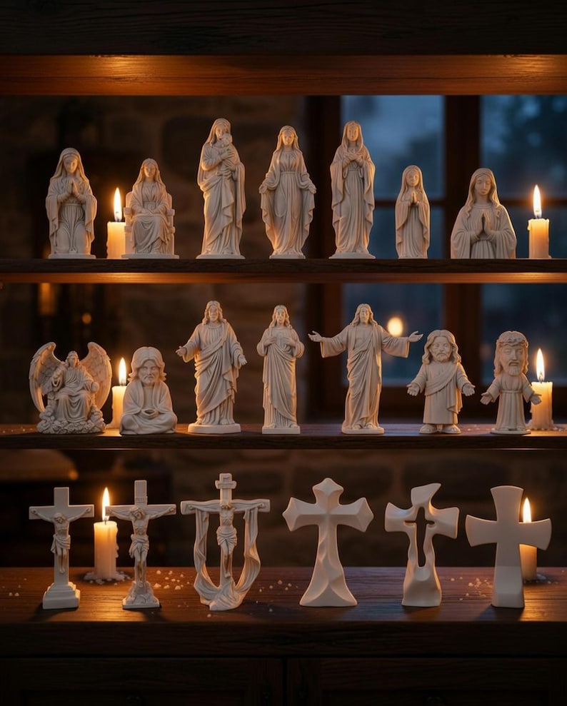 May include: A display of religious figurines and crosses. The figurines depict religious figures in various poses, and the crosses are in different styles. Lit candles are placed throughout the display, creating a warm atmosphere. The figurines are made of a light-colored material.