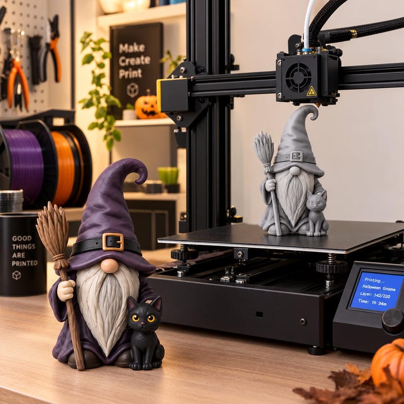 May include: A 3D printer with a gray gnome figurine on the print bed, featuring a tall hat, a broom, and a small cat. In the foreground, a finished purple gnome figurine with a black belt, a broom, and a black cat stands on a wooden surface.