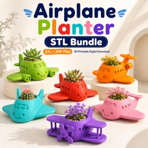 Könnte beinhalten: Eine Sammlung von sechs flugzeugförmigen Pflanzgefäßen in Limettengrün, Orange, Rot, Türkis, Pink und Lila, die jeweils eine kleine Pflanze enthalten. Der Text lautet Airplane Planter STL Bundle, STL + 3MF Files und 3D Printable Digital Download.