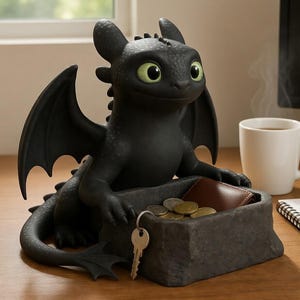 Puede incluir: Figura de drag&oacute;n negro con ojos verdes y alas, dise&ntilde;ada como monedero y llavero. El drag&oacute;n sostiene un recipiente de piedra con monedas, una cartera y una llave. Una taza blanca de caf&eacute; y un bloc de notas est&aacute;n cerca.
