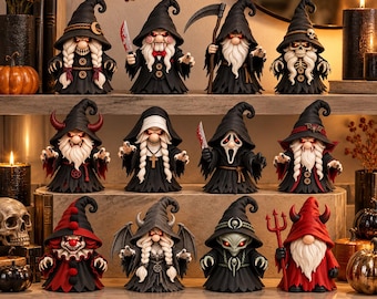 May include: A collection of twelve miniature figurines featuring various horror-themed characters, including gnomes dressed in black cloaks, a reaper with a scythe, a ghost-faced figure with a knife, a clown, and a devil, all displayed on shelves.
