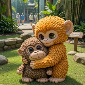 May include: Two plush monkey figures, one hugging the other, on a grassy area. The larger monkey is orange, and the smaller one is brown. The sign in the background reads "Primate Exhibit".