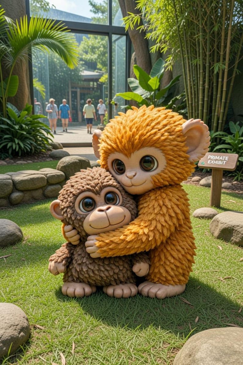 May include: Two plush monkey figures, one hugging the other, on a grassy area. The larger monkey is orange, and the smaller one is brown. The sign in the background reads "Primate Exhibit".