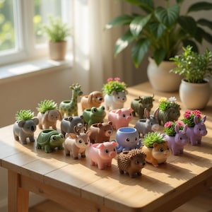 May include: A variety of animal-shaped plant pots, such as a giraffe, dog, pig, and hedgehog, each containing a small plant or succulent. The pots are displayed on a wooden table, with larger potted plants visible in the background near a window.
