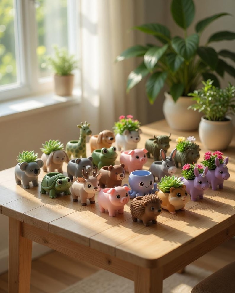 May include: A variety of animal-shaped plant pots, such as a giraffe, dog, pig, and hedgehog, each containing a small plant or succulent. The pots are displayed on a wooden table, with larger potted plants visible in the background near a window.