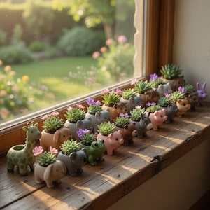 May include: A display of miniature animal planters, each filled with a succulent and small purple flowers. The planters, including a giraffe, elephant, dog, koala, frog, pig, bear, and bunny, sit on a wooden windowsill. The background shows a garden bathed in sunlight.