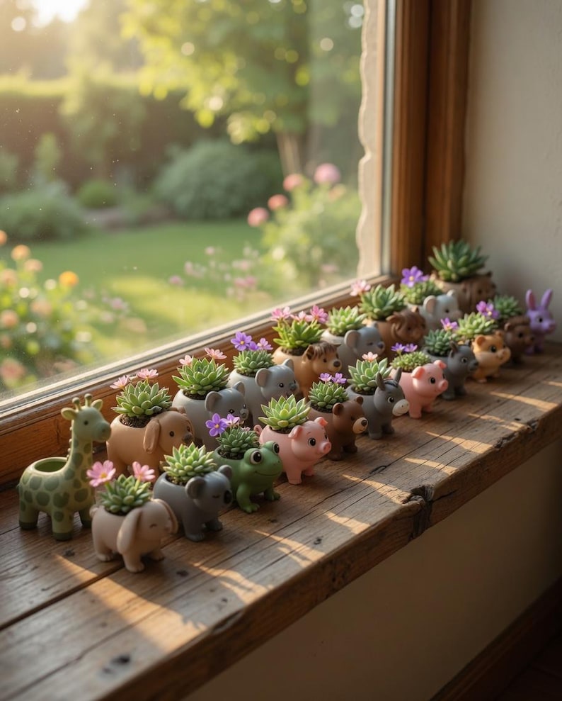 May include: A display of miniature animal planters, each filled with a succulent and small purple flowers. The planters, including a giraffe, elephant, dog, koala, frog, pig, bear, and bunny, sit on a wooden windowsill. The background shows a garden bathed in sunlight.