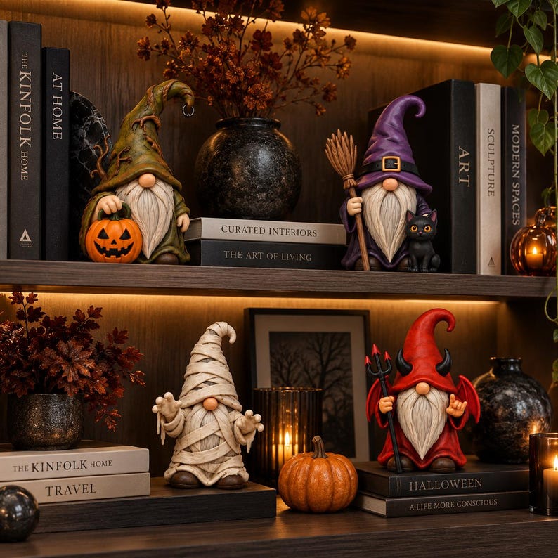 May include: Four decorative gnome figurines displayed on shelves. One wears a green hat and holds a pumpkin, another a purple hat with a broom and black cat, a third is wrapped like a mummy, and the fourth is a red devil gnome with wings and a pitchfork.