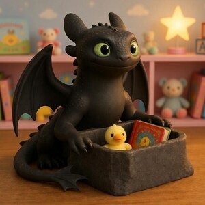 Puede incluir: Figura de drag&oacute;n negro con ojos verdes y grandes alas, sosteniendo un peque&ntilde;o recipiente con un pato amarillo y un libro. El drag&oacute;n est&aacute; sobre una superficie de madera, con una estanter&iacute;a rosa y juguetes en el fondo.