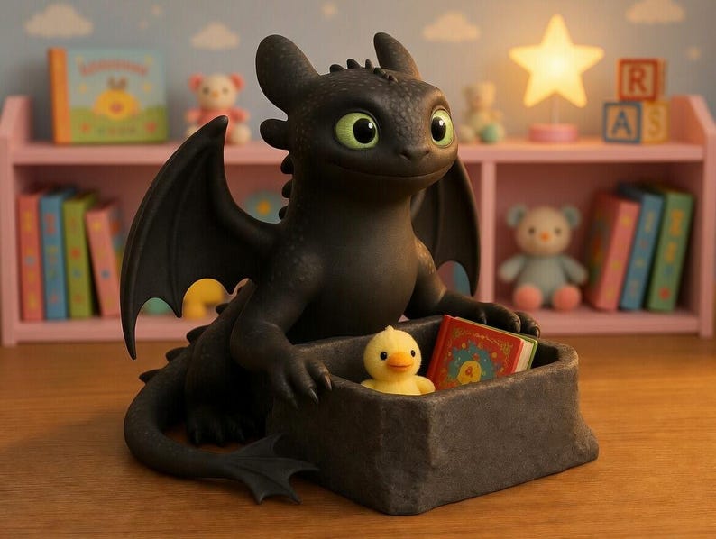 Puede incluir: Figura de drag&oacute;n negro con ojos verdes y grandes alas, sosteniendo un peque&ntilde;o recipiente con un pato amarillo y un libro. El drag&oacute;n est&aacute; sobre una superficie de madera, con una estanter&iacute;a rosa y juguetes en el fondo.