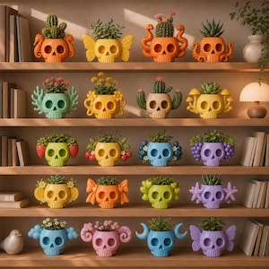 May include: A collection of twenty skull-shaped planters arranged on wooden shelves. Each planter features a unique design element such as butterfly wings, tentacles, flowers, fruits, or celestial shapes, and contains a small green plant.