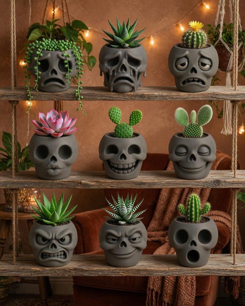 May include: A collection of gray skull-shaped planters with various expressions, each holding a different succulent or cactus. The planters are arranged on wooden shelves, creating a unique and decorative display. The plants include a variety of colors and textures.