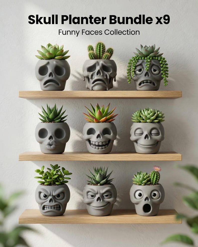 May include: A collection of nine gray skull-shaped planters, each with a unique facial expression, arranged on wooden shelves. The planters are filled with various succulents and cacti. The text "Skull Planter Bundle x9 Funny Faces Collection" is at the top.