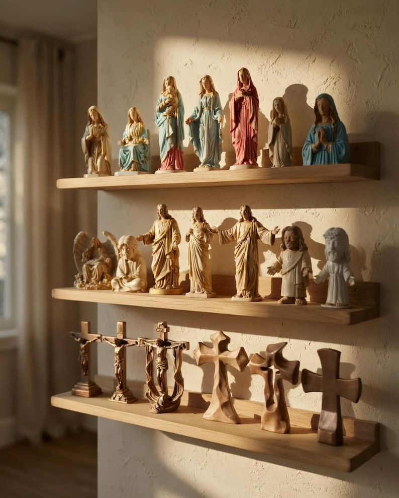 May include: A display of religious statues and crosses on wooden shelves. The figurines represent various religious figures in different colours and poses. The crosses are crafted from wood and metal, featuring detailed designs.