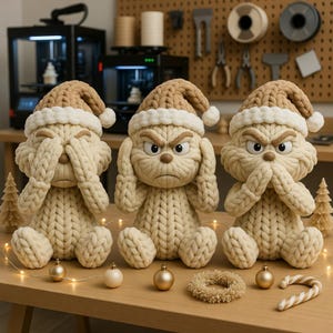 May include: Three knitted Grinch-style plush toys, each wearing a Santa hat. The figures are in the "see no evil, hear no evil, speak no evil" poses. Christmas baubles and a candy cane are on the table.
