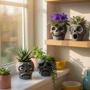 May include: A collection of gray skull-shaped planters, each holding a different succulent or flowering plant. The planters have various facial expressions, including smiling, surprised, and sad. The plants include purple flowers and green succulents. The planters are displayed on a windowsill and shelves.