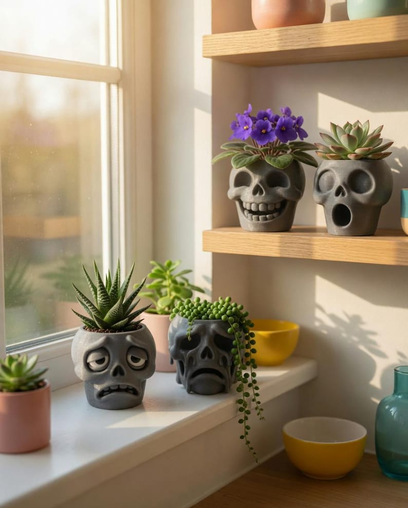 May include: A collection of gray skull-shaped planters, each holding a different succulent or flowering plant. The planters have various facial expressions, including smiling, surprised, and sad. The plants include purple flowers and green succulents. The planters are displayed on a windowsill and shelves.