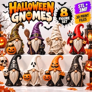 May include: A set of 8 Halloween gnome figures including a pumpkin gnome, witch, mummy, devil, skeleton, ghost, jack-o'-lantern, and reaper. The text reads HALLOWEEN GNOMES 8 FIGURE SET STL + 3MF 3D PRINT FILES. These are digital 3D print files.