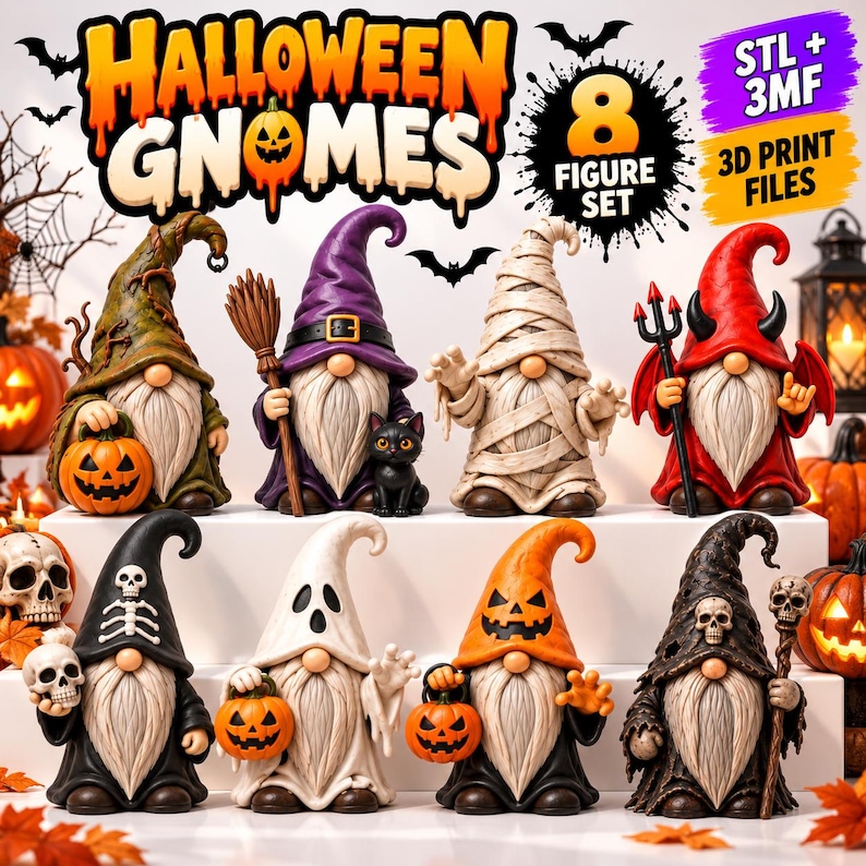 May include: A set of 8 Halloween gnome figures including a pumpkin gnome, witch, mummy, devil, skeleton, ghost, jack-o'-lantern, and reaper. The text reads HALLOWEEN GNOMES 8 FIGURE SET STL + 3MF 3D PRINT FILES. These are digital 3D print files.