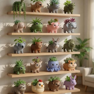 Pode incluir: Uma coleção de vasos em forma de animais, cada um com uma pequena planta suculenta. Os vasos estão dispostos em prateleiras de madeira contra uma parede neutra. As formas de animais incluem uma girafa, um cão, um gato, uma vaca, um coelho, um sapo, um porco, um elefante, um coala, um urso, um burro, um leão, uma tartaruga, um veado, um polvo, um hamster, uma preguiça, uma galinha, um ouriço e um coelho.