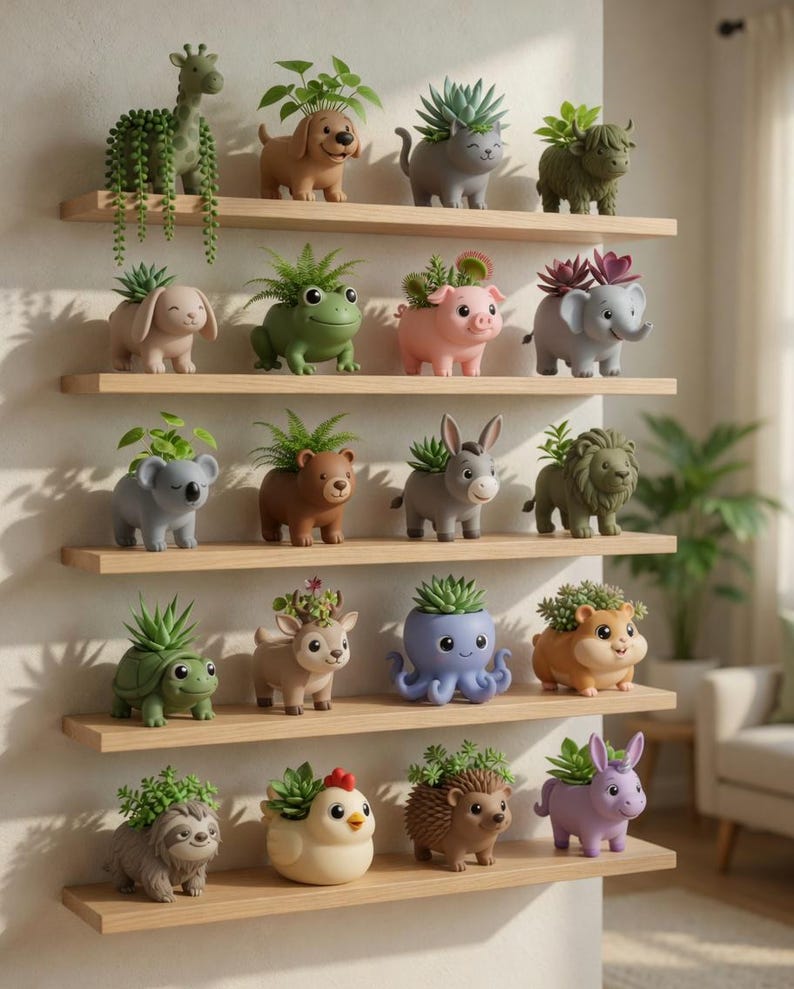 May include: A display of animal-shaped plant pots, each with a small succulent. The pots are arranged on wooden shelves against a neutral wall. The animal designs include a giraffe, dog, cat, cow, bunny, frog, pig, elephant, koala, bear, donkey, lion, turtle, deer, octopus, hamster, sloth, chicken, hedgehog, and rabbit.