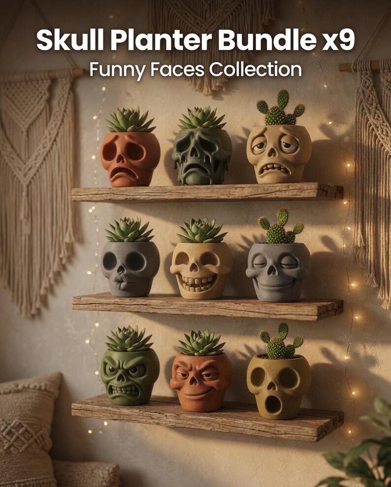 May include: A collection of nine skull-shaped planters, each with a unique facial expression, arranged on wooden shelves. The planters are in various colors, including green, brown, and gray, and are planted with succulents or cacti. The text "Skull Planter Bundle x9 Funny Faces Collection" is at the top.