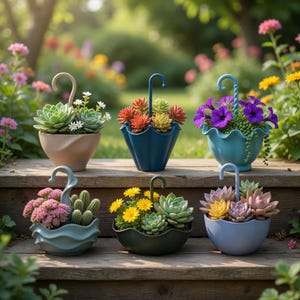 May include: Six decorative succulent planters in various colors, shaped like umbrellas and swan-necked bowls, filled with colorful succulents and flowers. The planters are arranged on wooden steps in a garden setting.