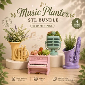 Pacchetto di file STL per vasi di strumenti musicali, vasi per piante grasse, file STL e 3MF stampabili in 3D.
