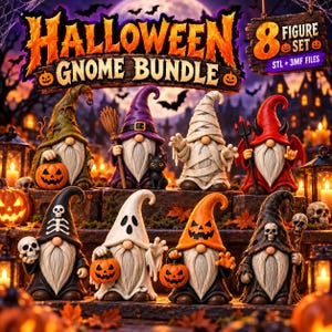 May include: A digital 8 figure set of Halloween gnomes featuring various costumes including a witch, mummy, devil, ghost, and skeleton. The bundle includes STL and 3MF files. Each gnome has a long white beard and a unique hat, holding items like pumpkins, a broom, or a skull.