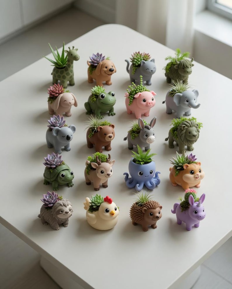 May include: A selection of animal-shaped planters, each with a succulent plant. The planters are designed as a giraffe, dog, cat, bunny, frog, pig, elephant, koala, bear, donkey, lion, turtle, deer, octopus, hamster, sloth, chicken, hedgehog, and unicorn.