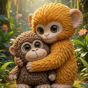 May include: Two plush monkey figures, one brown and one orange, are hugging in a lush green jungle setting. The monkeys have large, expressive eyes and are surrounded by foliage and soft lighting, creating a warm and inviting scene.