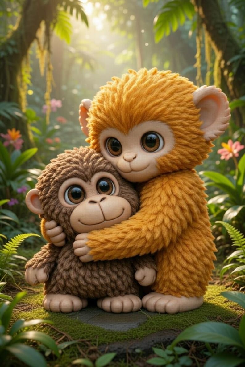 May include: Two plush monkey figures, one brown and one orange, are hugging in a lush green jungle setting. The monkeys have large, expressive eyes and are surrounded by foliage and soft lighting, creating a warm and inviting scene.