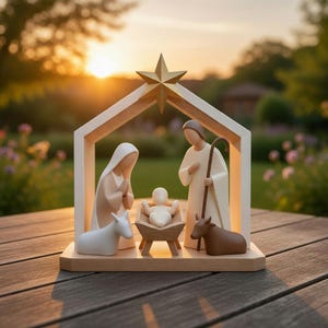 Puede incluir: Un belén de madera con figuras de María, José, el niño Jesús, un burro y un buey. Las figuras son blancas y beige, dentro de una estructura de madera con una estrella dorada. La escena está sobre una mesa de madera.
