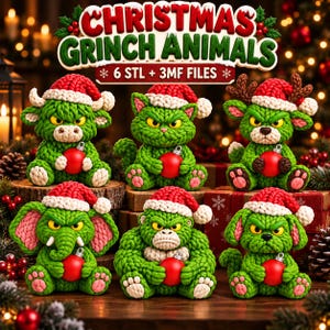 Könnte beinhalten: Sechs grüne, texturierte Tierfiguren im Häkelstil mit rot-weißen Weihnachtsmützen, die jeweils eine kleine rote Kugel halten. Der Text CHRISTMAS GRINCH ANIMALS 6 STL + 3MF FILES steht oben im Bild.