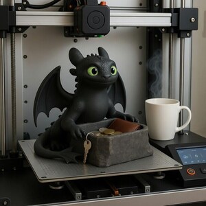 Puede incluir: Una figura de drag&oacute;n negro con ojos verdes se encuentra en la plataforma de una impresora 3D, junto a una peque&ntilde;a caja de piedra que contiene una cartera, monedas y una llave. Tambi&eacute;n hay una taza blanca con vapor.
