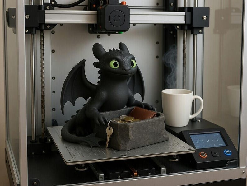 Puede incluir: Una figura de drag&oacute;n negro con ojos verdes se encuentra en la plataforma de una impresora 3D, junto a una peque&ntilde;a caja de piedra que contiene una cartera, monedas y una llave. Tambi&eacute;n hay una taza blanca con vapor.