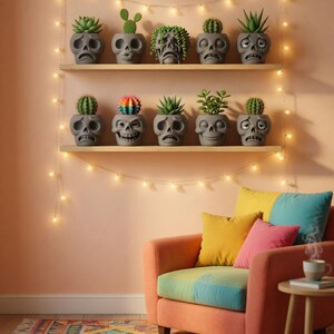 May include: A display of gray skull-shaped planters, each holding a different succulent or cactus. The planters are arranged on wooden shelves, with a string of lights above. The room features a colorful rug and armchair.