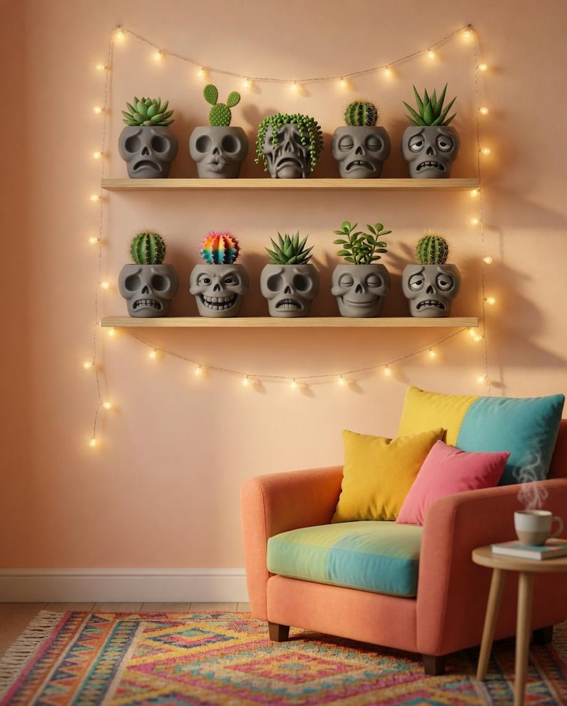 May include: A display of gray skull-shaped planters, each holding a different succulent or cactus. The planters are arranged on wooden shelves, with a string of lights above. The room features a colorful rug and armchair.