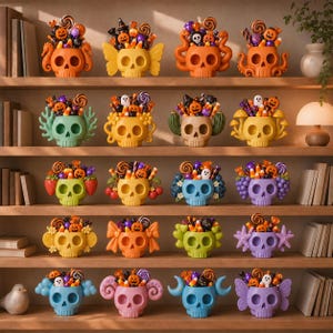 Puede incluir: Una colección de veinte recipientes decorativos con forma de calavera dispuestos en estantes de madera. Cada calavera presenta accesorios únicos como alas, tentáculos, flores o frutas, y está llena de dulces variados de Halloween.