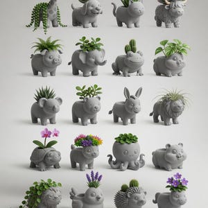 May include: A selection of grey animal-shaped plant pots, each filled with a variety of succulents or flowering plants. The pots depict a giraffe, dog, cat, bull, pig, elephant, frog, and other animals. The plants provide a splash of colour and greenery.