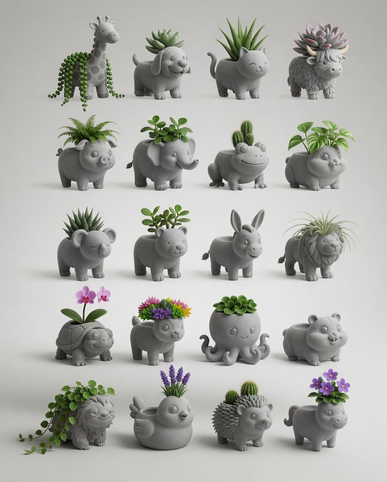 May include: A selection of grey animal-shaped plant pots, each filled with a variety of succulents or flowering plants. The pots depict a giraffe, dog, cat, bull, pig, elephant, frog, and other animals. The plants provide a splash of colour and greenery.